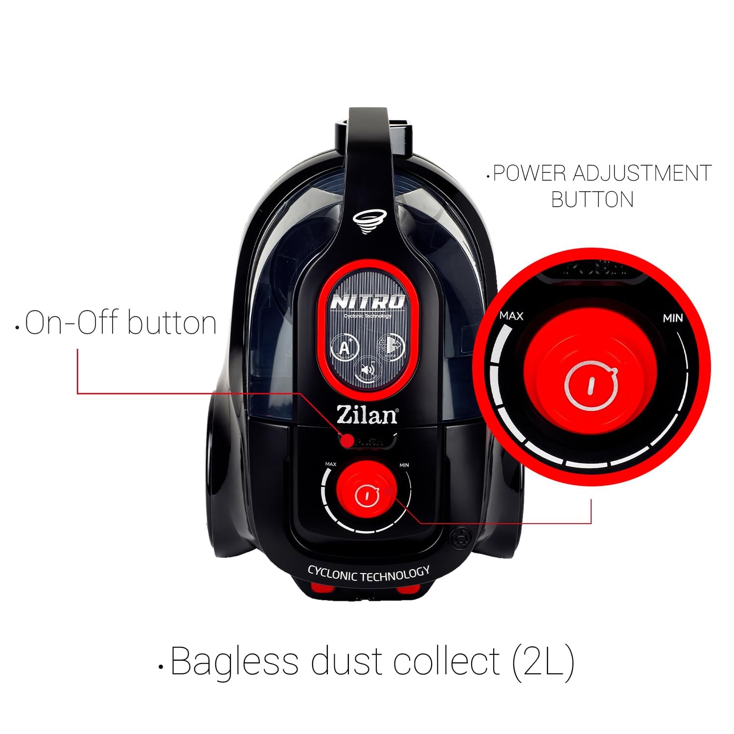 Aspirator fara sac Zilan ZLN-3512 cu filtrare ciclonica HEPA, 750W, 2L, multisuprafete