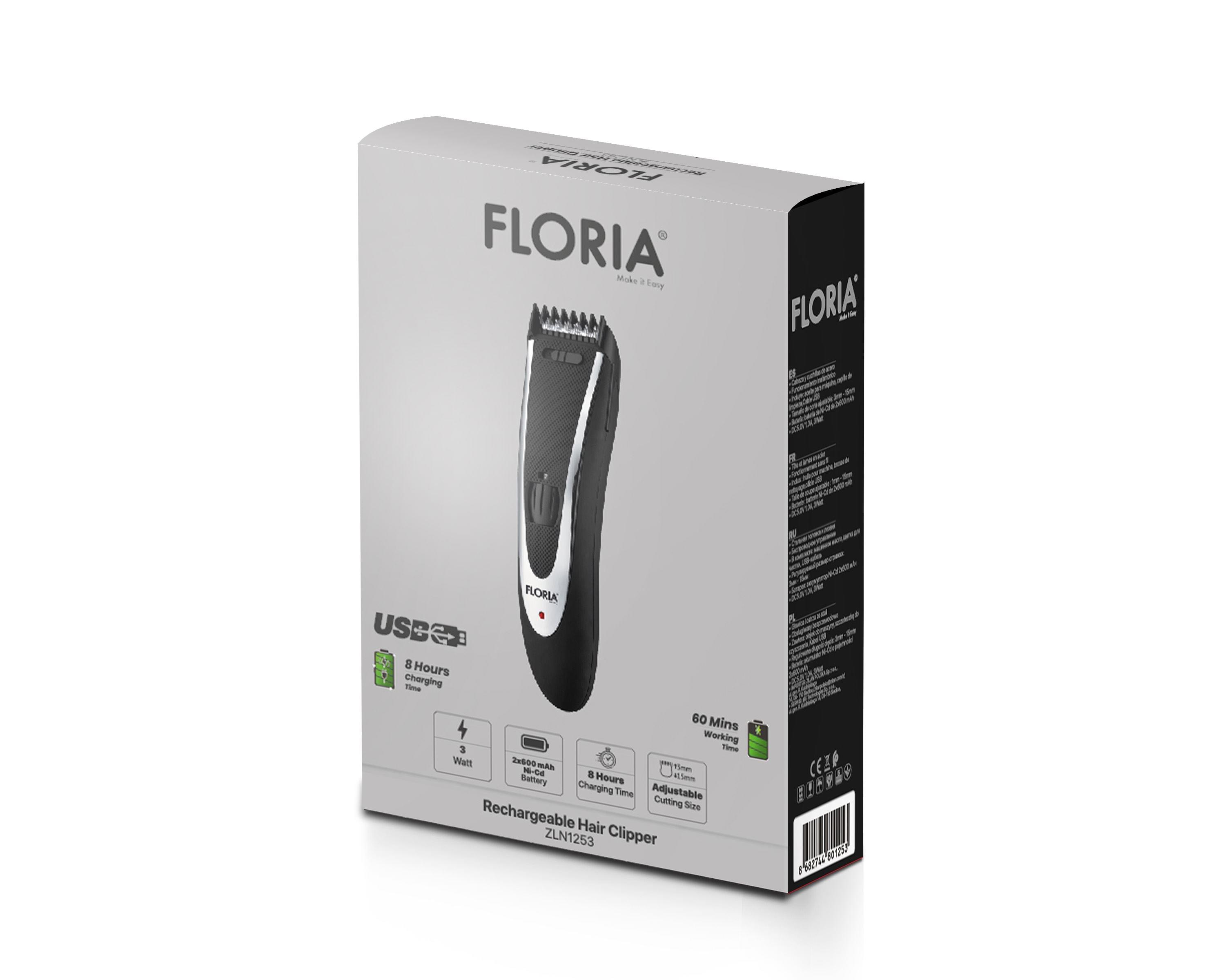 Aparat de tuns profesional Floria ZLN-1253 Wireless - cap si lame otel, 1-24mm, acumulator, kit complet