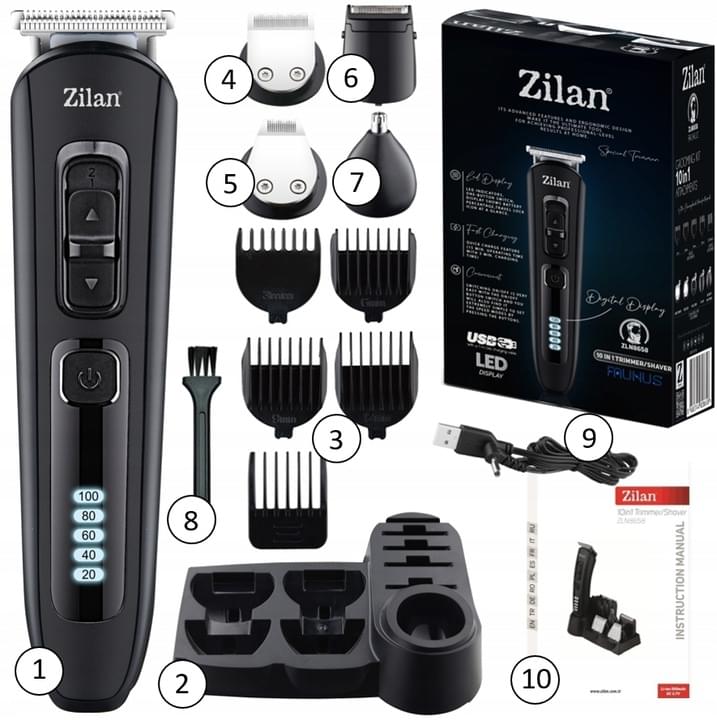 Aparat de tuns electric 10 in 1 Zilan ZLN8658 - multifunctional cu 5 capete + display LED