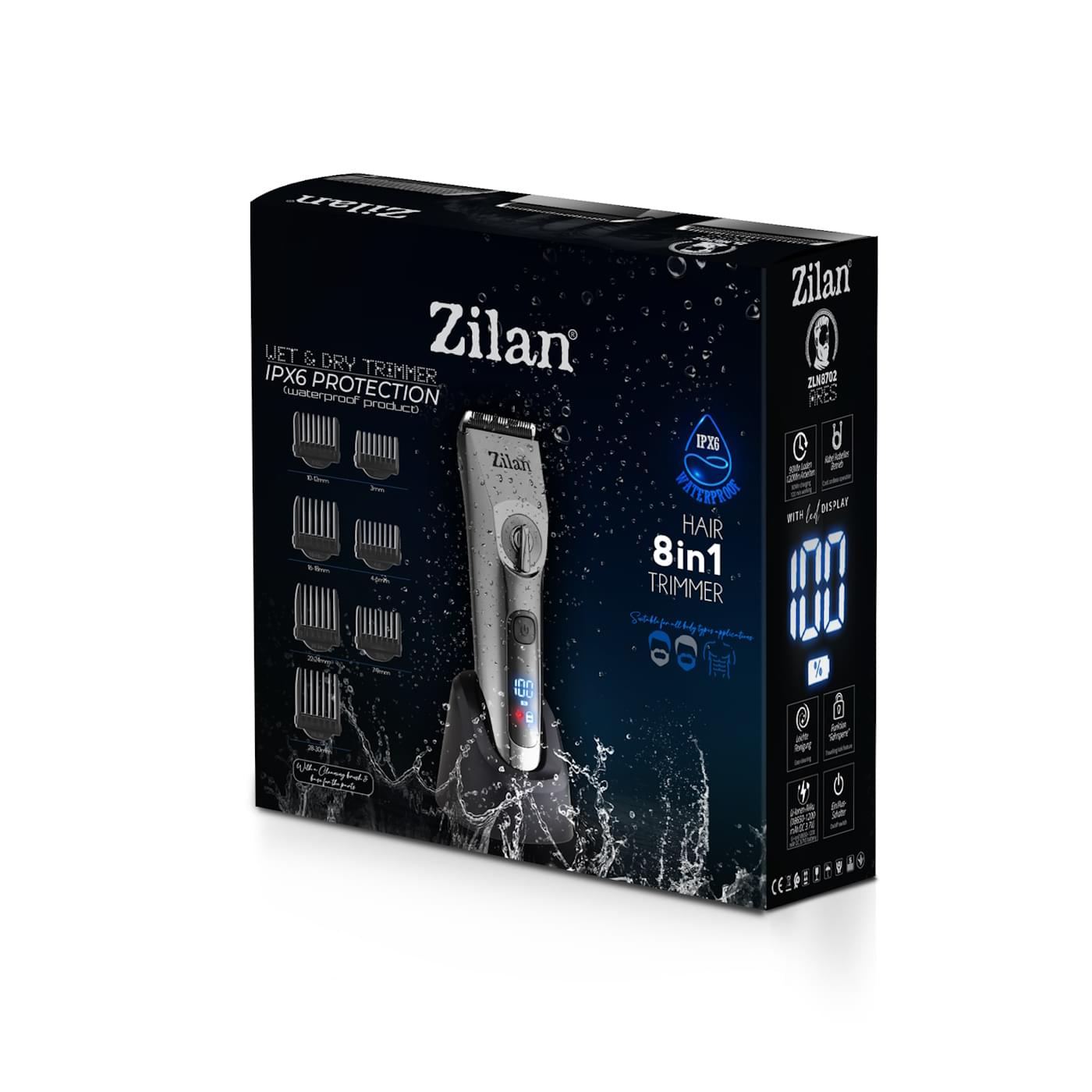 Aparat de tuns profesional Zilan ZLN8702 - impermeabil IPX6, 8 capete, LED, autonomie 120 min