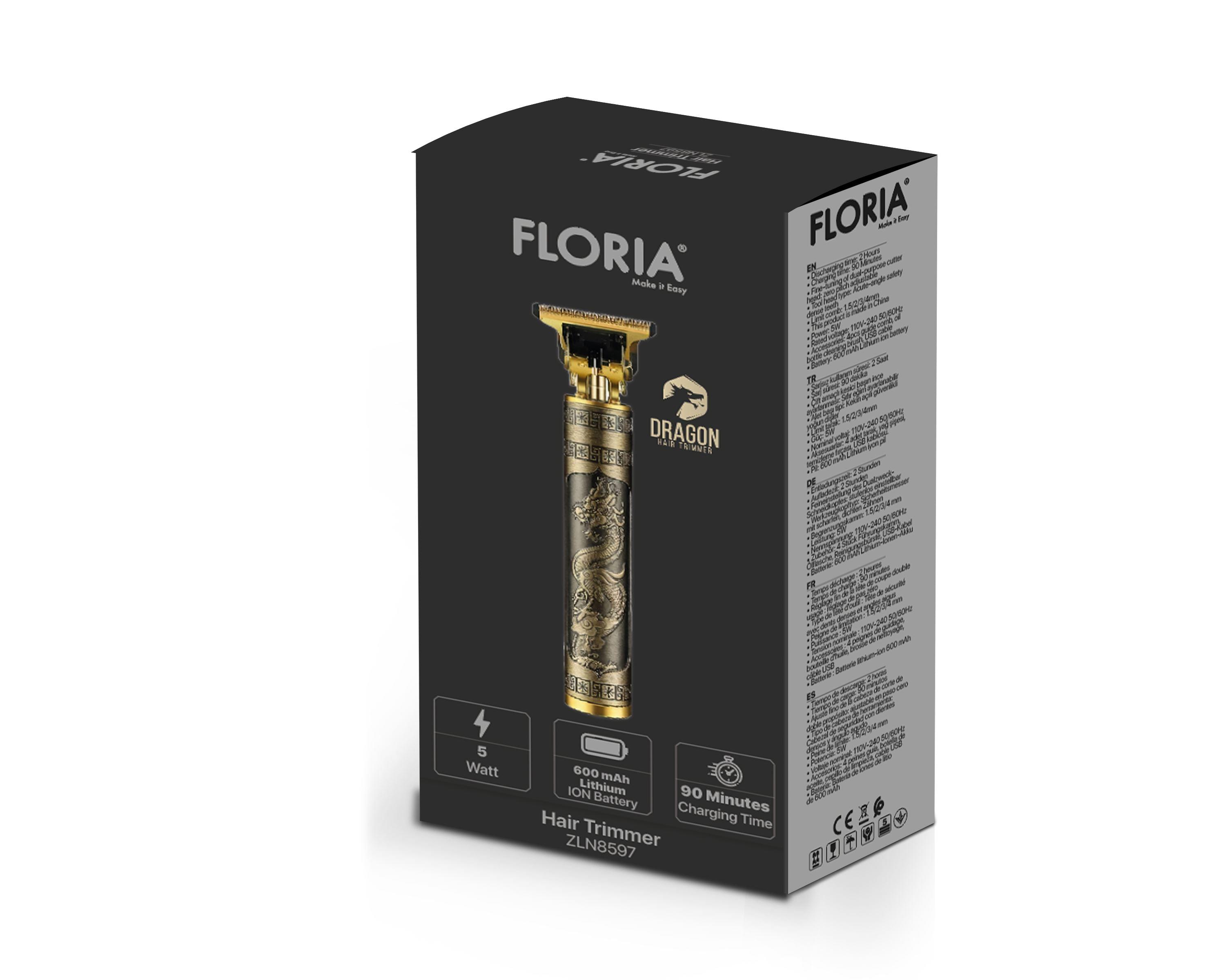 Masina de tuns profesionala Floria ZLN8597, aurie 5W - design Dragon cu 4 piepteni ajustabili