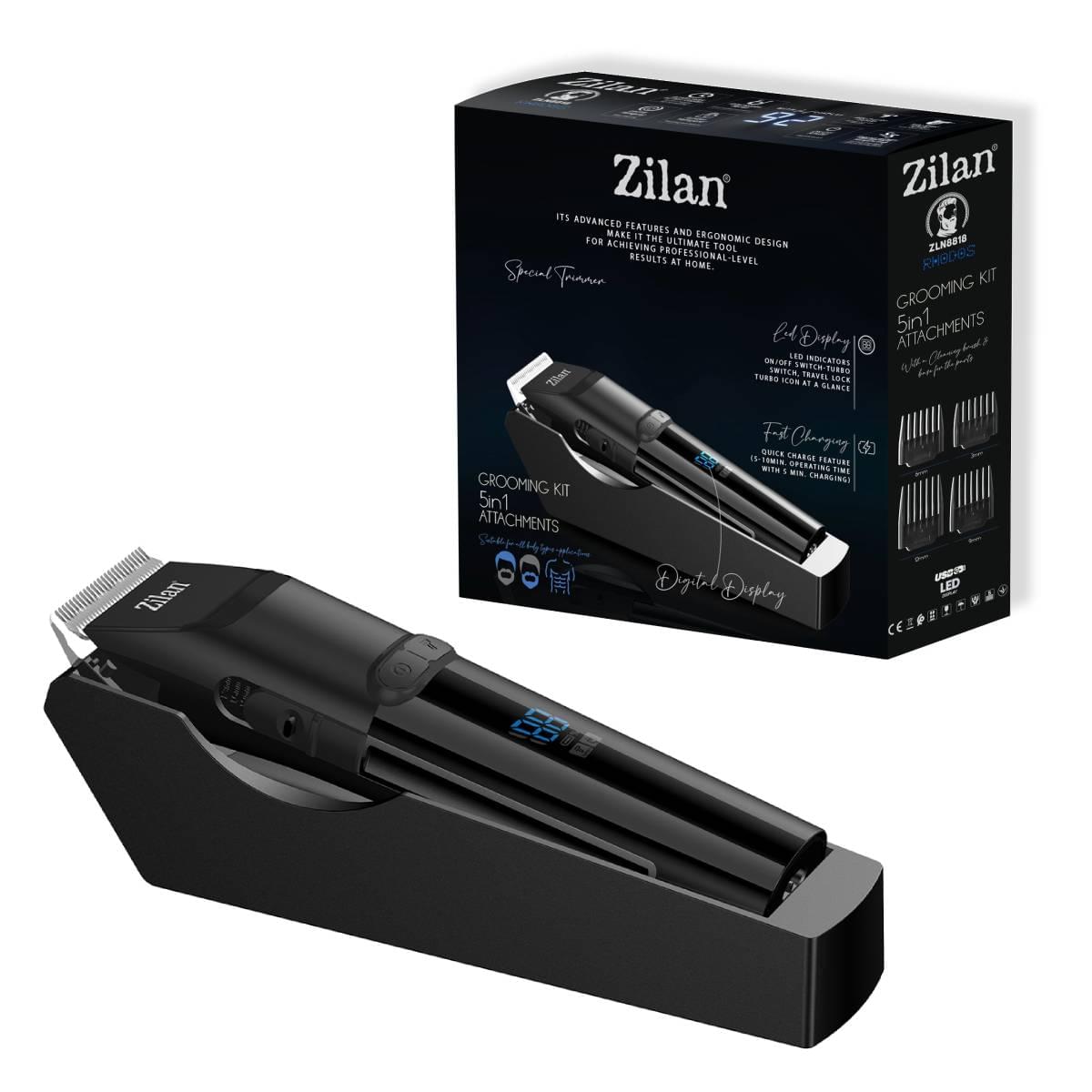 Aparat de tuns profesional Zilan ZLN8818, Rhodos 5 in 1 - trimmer universal cu afisaj LED, incarcare rapida si lame detasabile