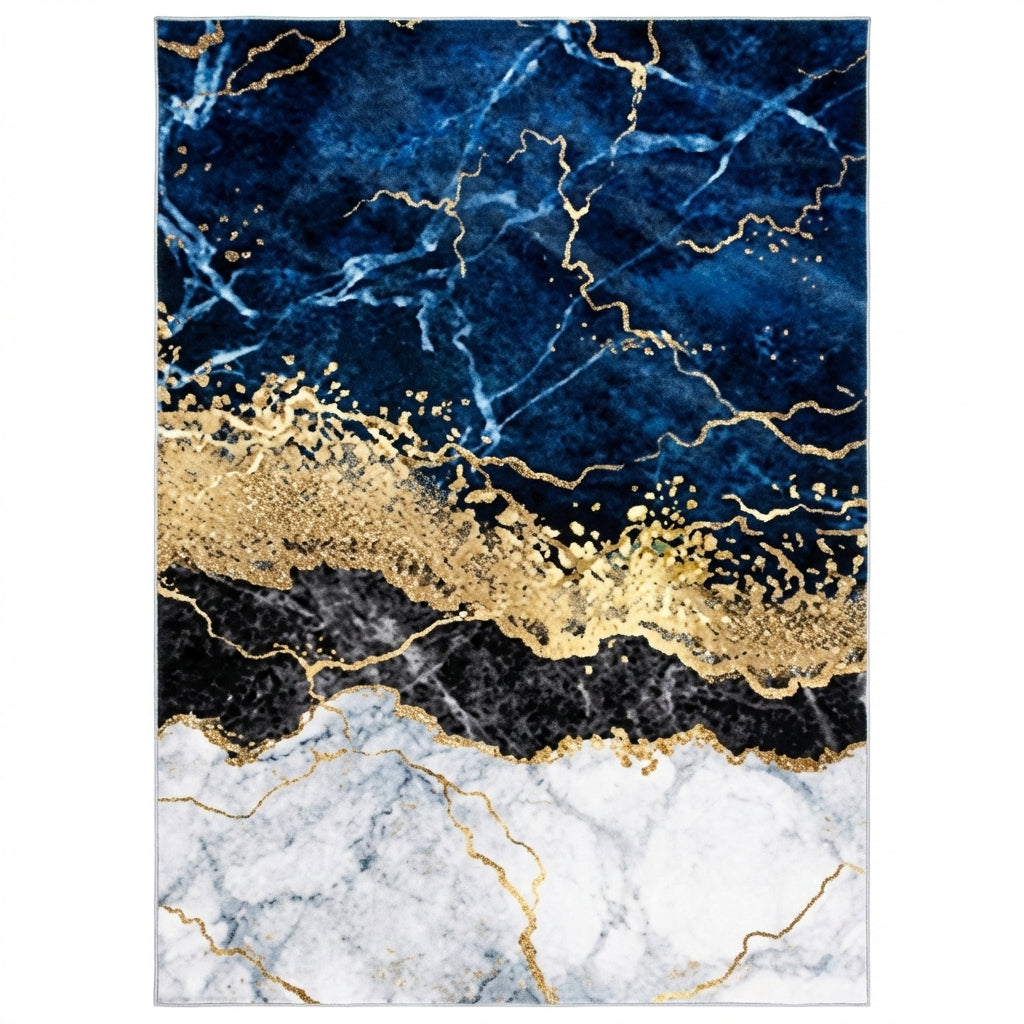 Covor Antiderapant Sarah, Instinct Albastru/Gold, Living, Dormitor, Bucatarie